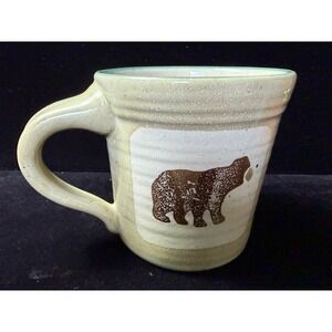 Sonoma Lodge Bear Moose Pine Tree Stoneware Coffee Mug Speckled Cream Teal Rim